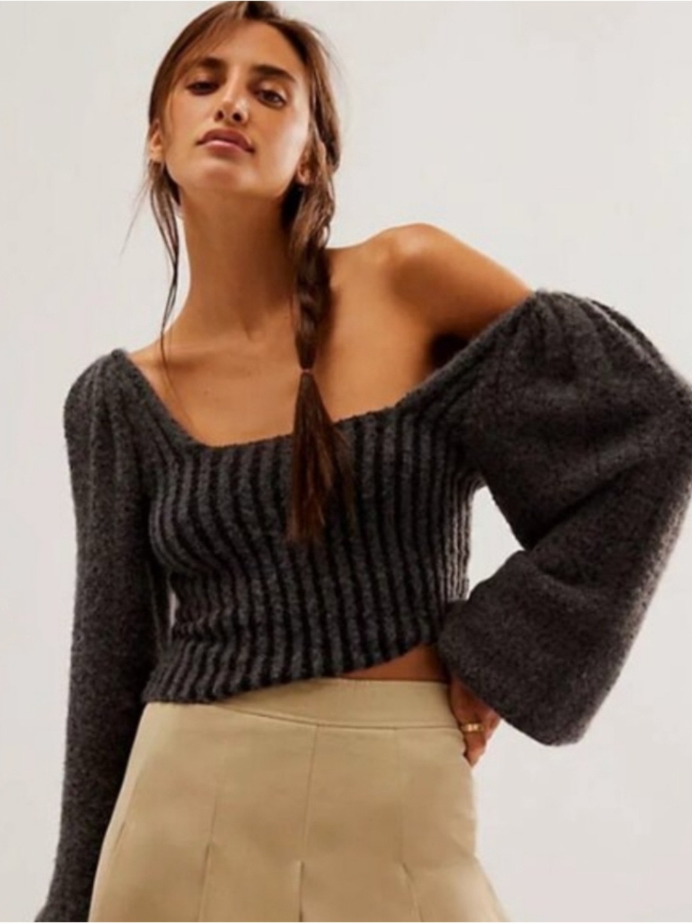 Free People Charcoal Puff-Sleeve Cropped Sweater